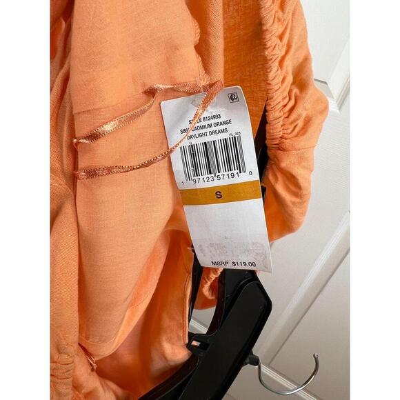 1STATE Orange Puff Sleeves Linen Blend Tiered Skirt Open Tie Back Dress Sz S - Picture 9 of 13